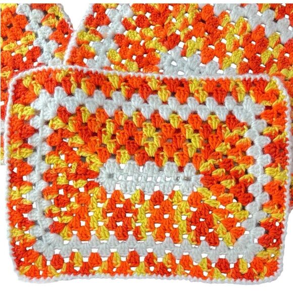 Crochet Kitchen Placemats Vintage Groovy Hippie Orange Yellow White Set Of 5 - Picture 2 of 4